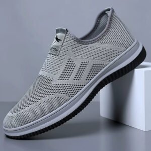 Slip-on fly knit mesh sneakers for men. Hollow breathable upper, easy slip-on design without laces. Lightweight cushioned non-slip sole, great for daily walking, commute and casual wear.