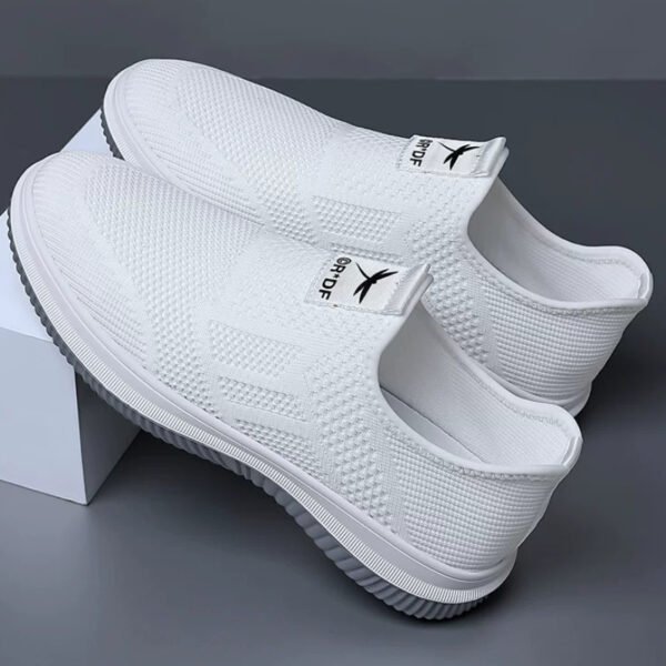 Slip-on fly knit mesh sneakers for men. Hollow breathable upper, easy slip-on design without laces. Lightweight cushioned non-slip sole, great for daily walking, commute and casual wear.