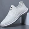 Slip-on fly knit mesh sneakers for men. Hollow breathable upper, easy slip-on design without laces. Lightweight cushioned non-slip sole, great for daily walking, commute and casual wear.